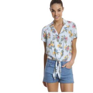 Box Lunch Disney Womens Stitch Button Up Tie Front Crop Top Retro Floral M